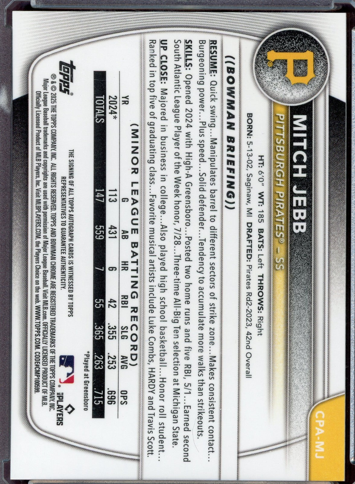 2025 Bowman - Chrome Prospect Autographs Mitch Jebb #CPA-MJ Yellow Refractor /75