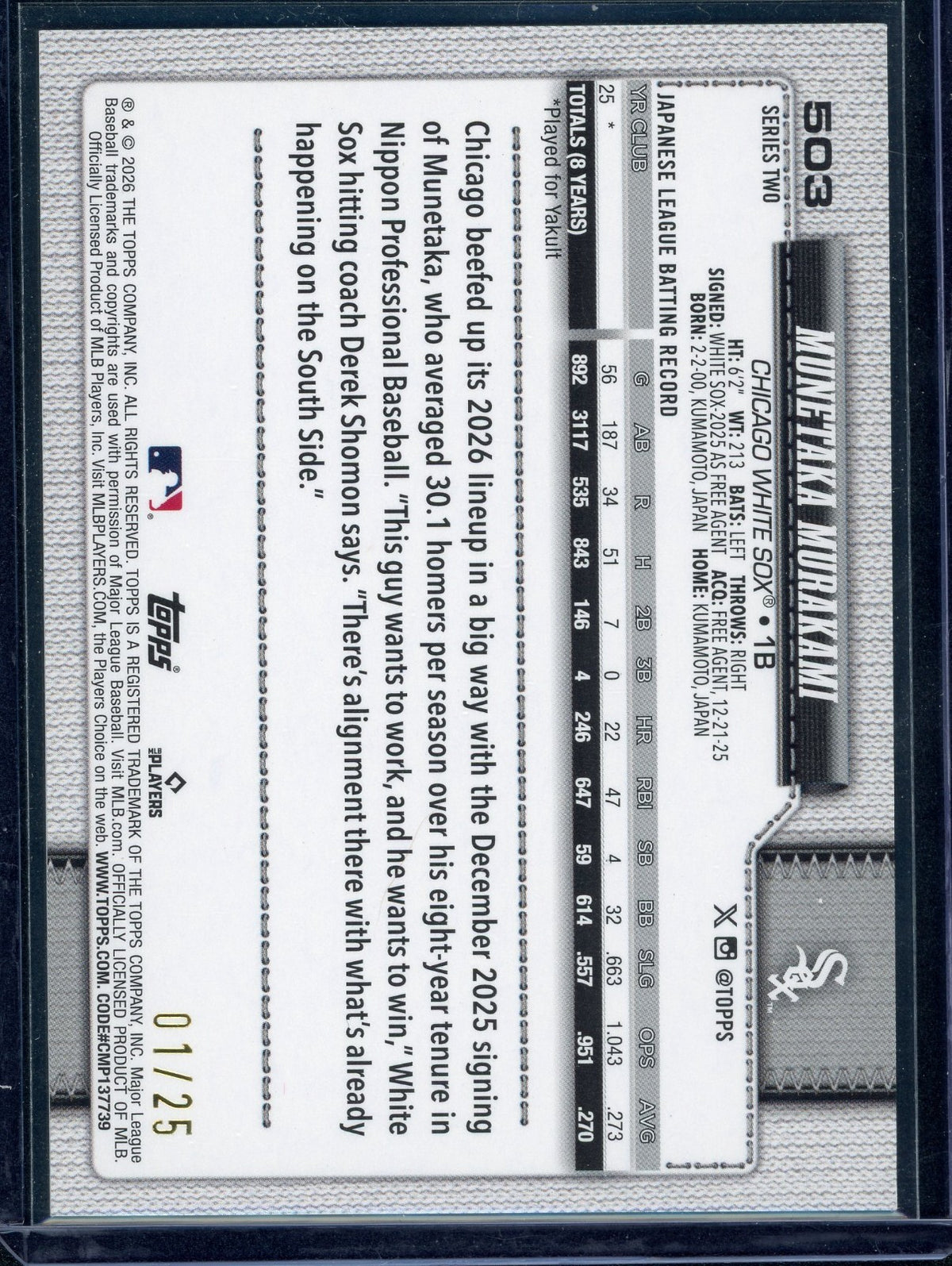2026 Topps Series 2 - Munetaka Murakami #503 Big Apple Foil (RC) /25