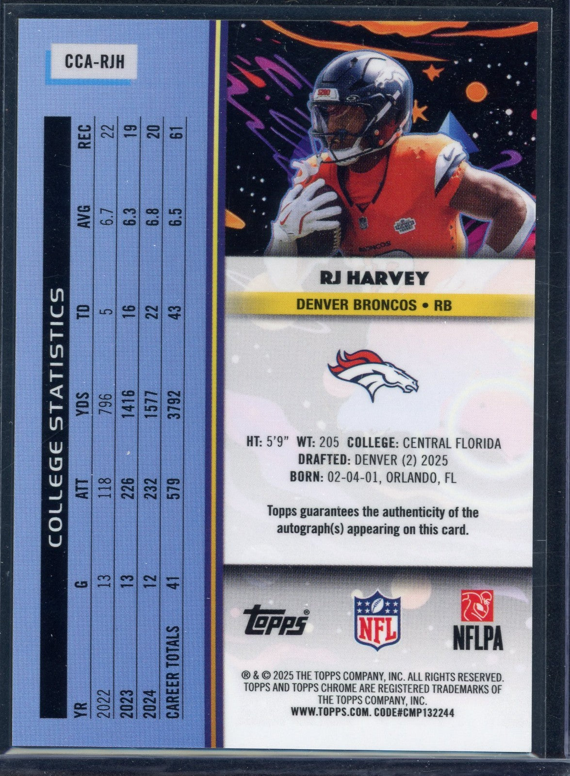 RJ Harvey 2025 Topps Football Cosmic Chrome Cosmic Chrome Autograph #CCA-RJH