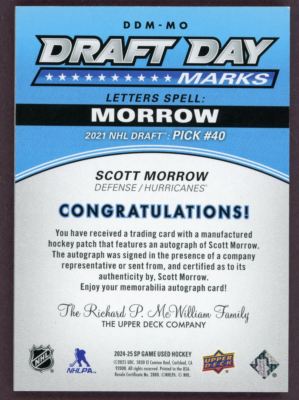 Scott Morrow 2025-26 Upper Deck SP Game Used Draft Day Marks Patch Autograph/35
