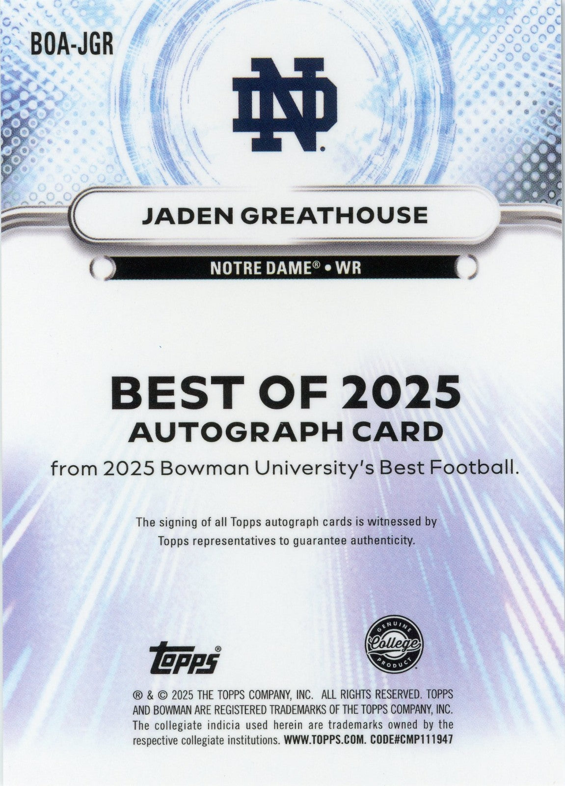 2025 Bowman's Best University - Best of 2025 Autographs Jaden Greathouse /150