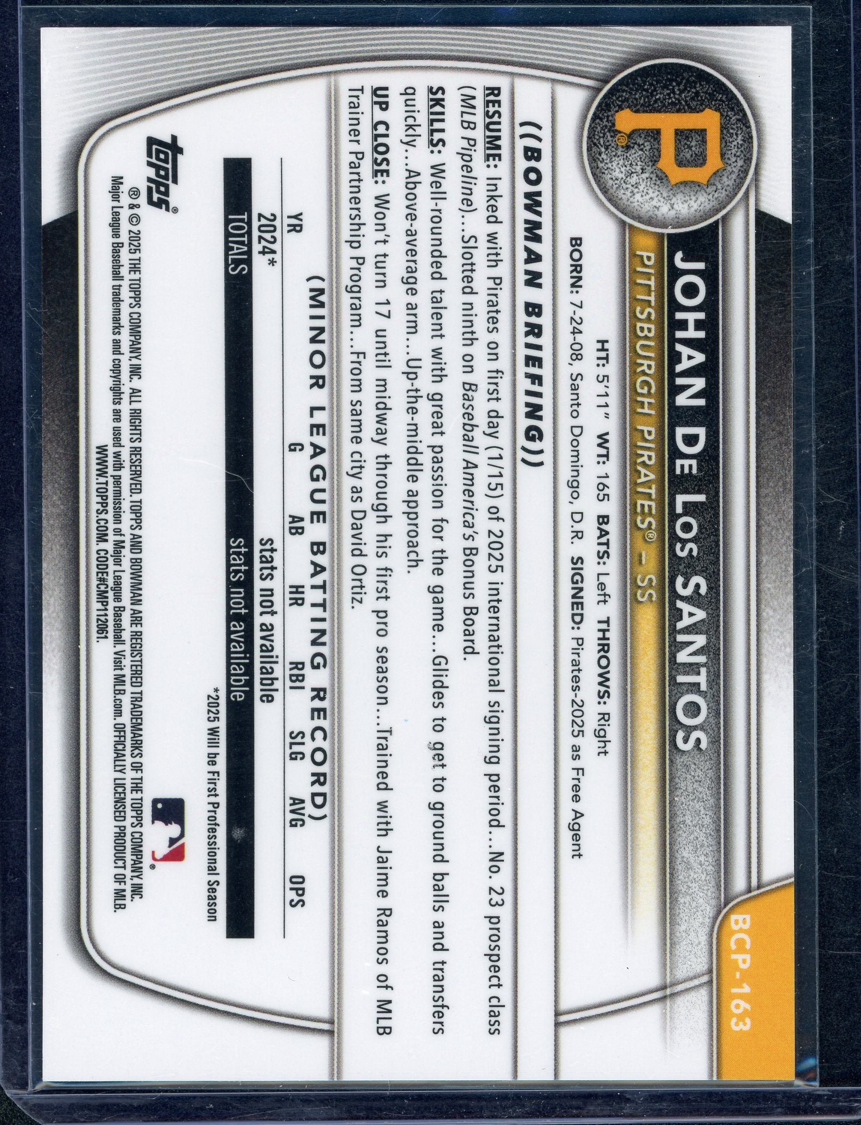 2025 Bowman Chrome #BCP-163 Johan De Los Santos Gold Reptilian Refractor /50