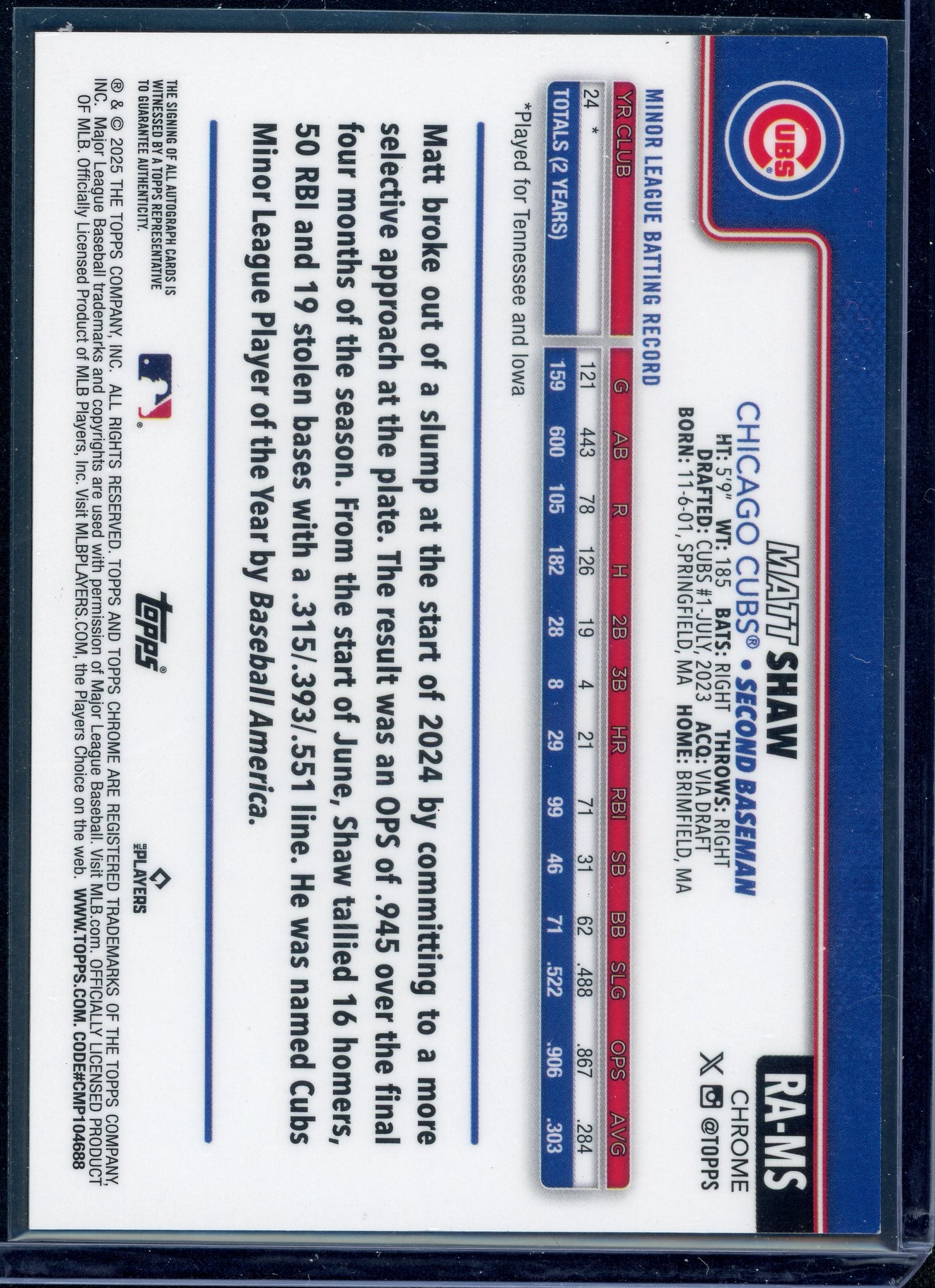2025 Topps Chrome #RA-MS Matt Shaw Rookie Autographs Gold Refractors #/50