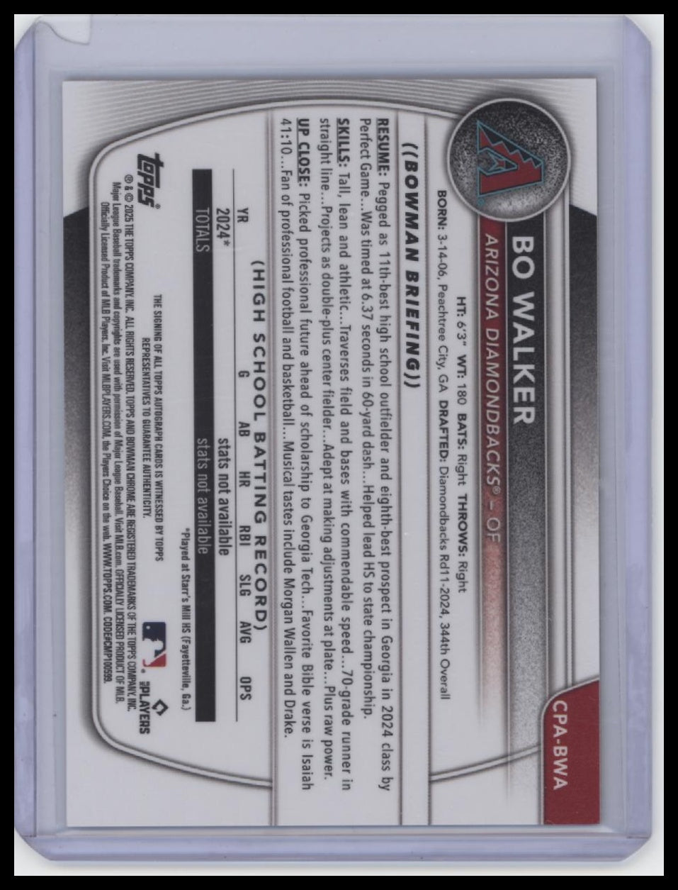2025 Bowman #CPA-BWA Bo Walker Chrome autographs Gold Lava Refractor #/50