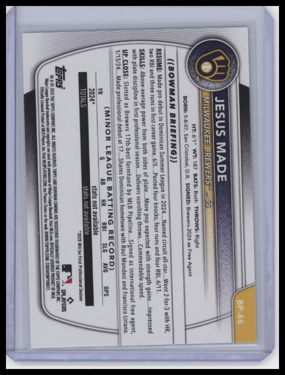2025 Bowman #BP-66 Jesus Made Prospects Green Pattern /99
