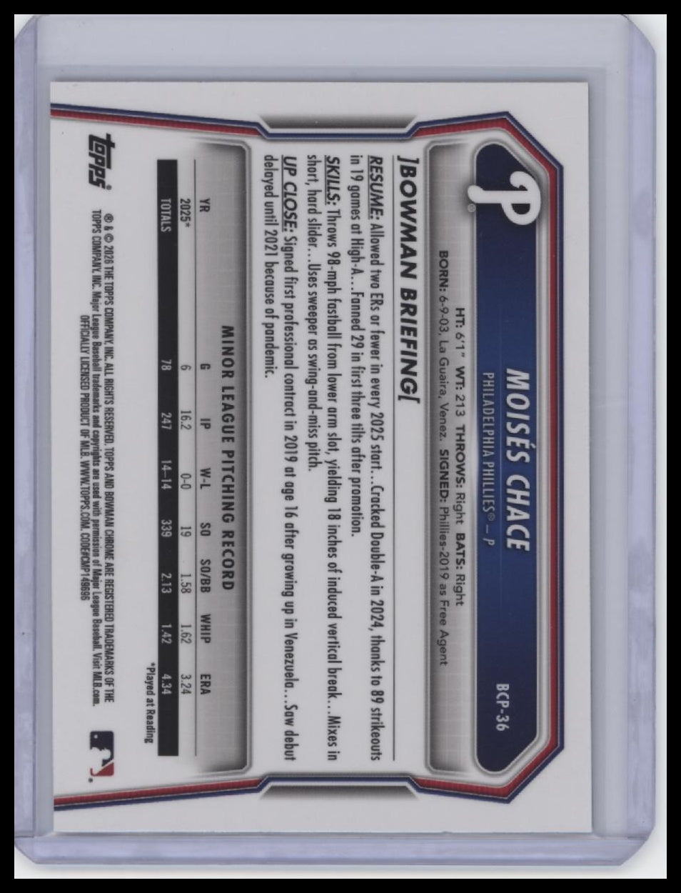 2026 Bowman #BCP-36 Moisés Chace Chrome Prospects Mojo Navy Refractor #/175