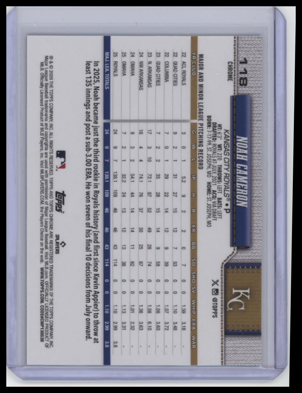 2026 Topps #461 Noah Cameron Blue Holo Foil #/150