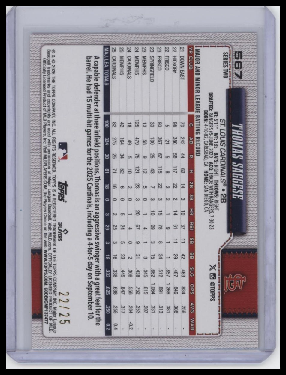 2026 Topps #567 Thomas Saggese Orange Holo Foil #/25