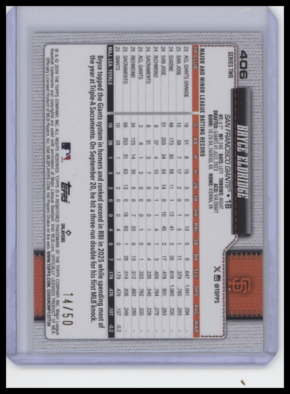 2026 Topps #406 Bryce Eldridge Big Apple Foil Fanatics Fest.