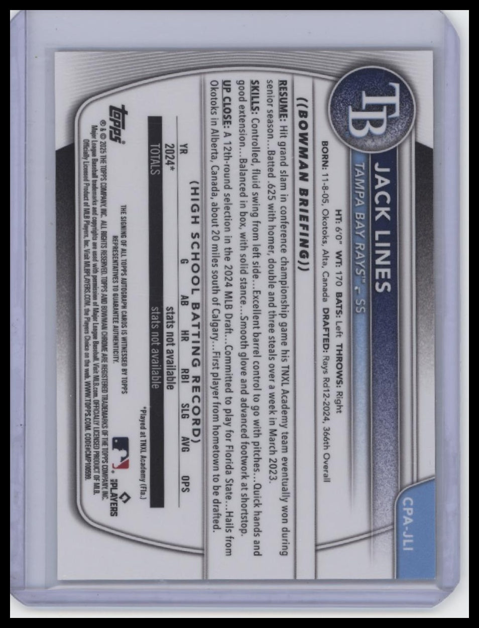 2025 Bowman #CPA-JLI Jack Lines Chrome Autographs Gold Refractor /50 (RC, AU).
