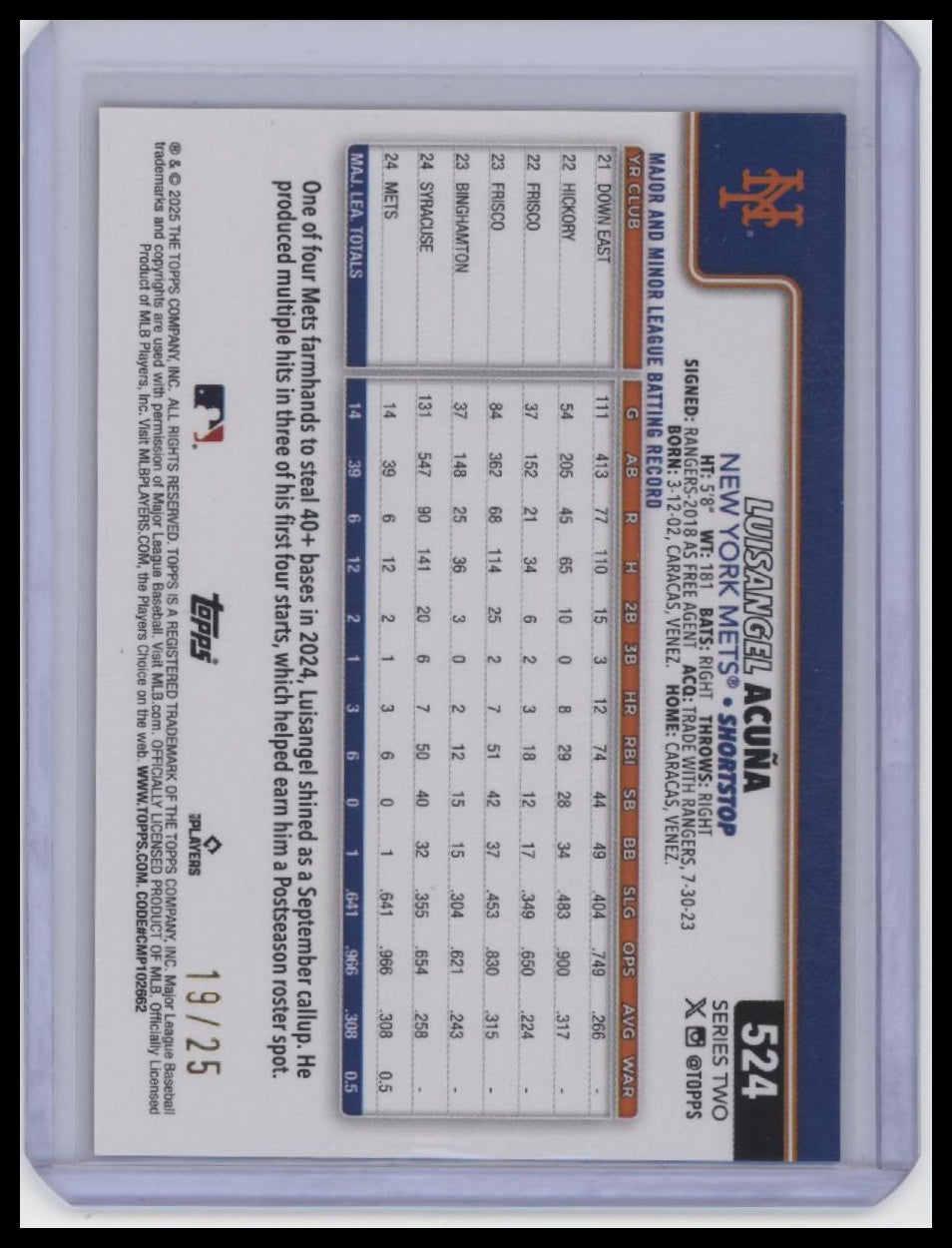 2025 Topps Series Two #524 Luisangel Acuna Orange Shimmer /25
