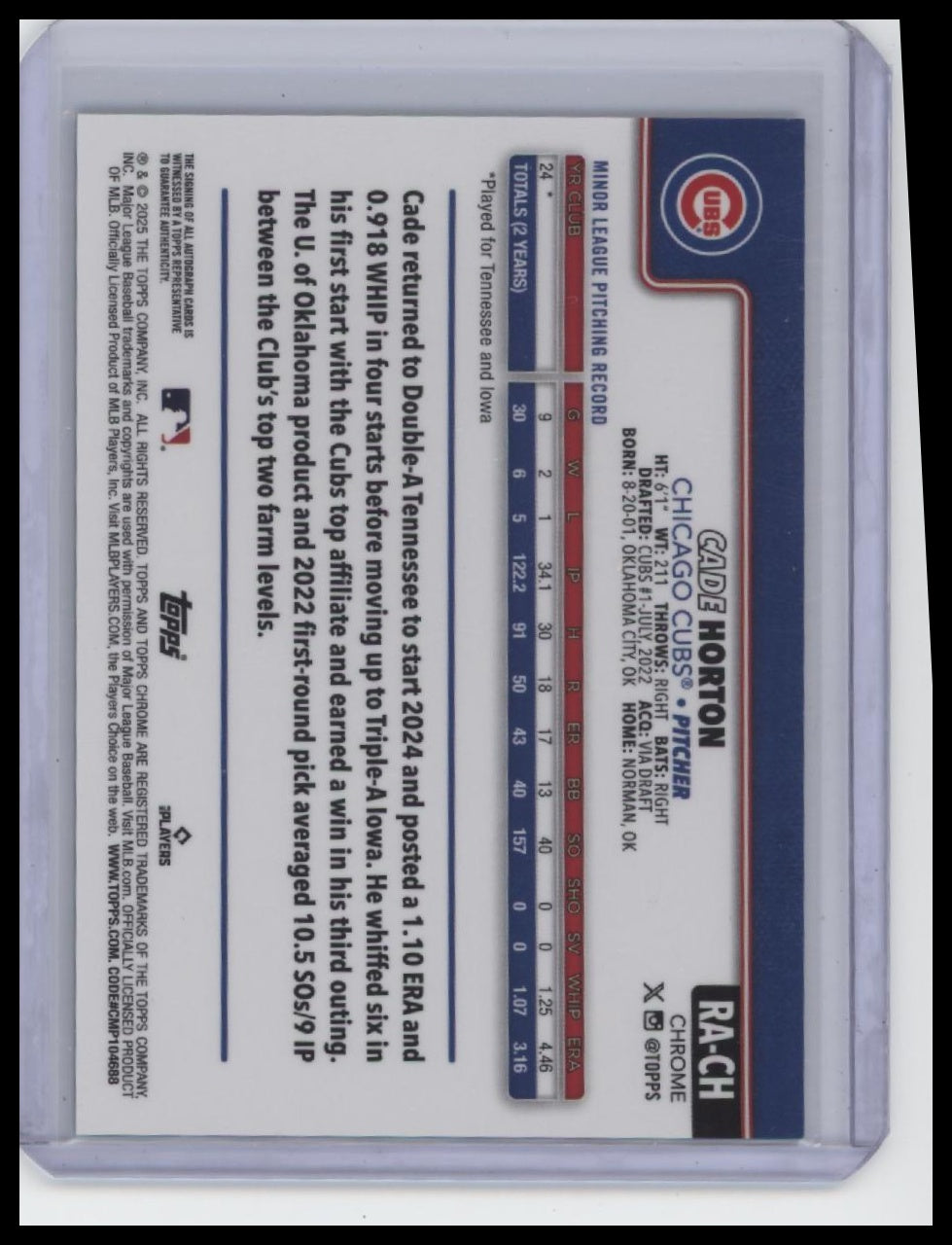 2025 Topps Chrome Update #RA-CH Cade Horton Aqua Wave Refractors /199 (RC, AU).