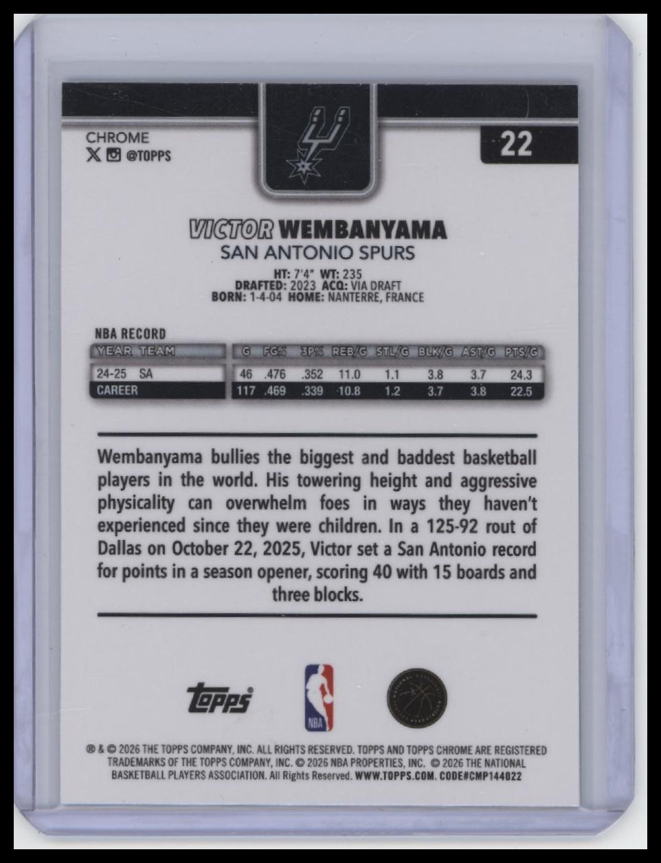 2025-26 Topps Chrome Update #22 Victor Wembanyama X-Fractor