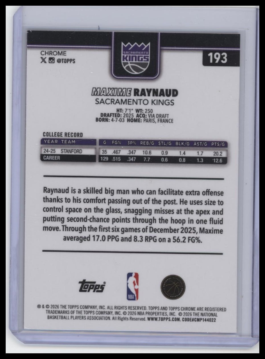 2025-26 Topps Chrome Update #193 Maxime Raynaud #/299