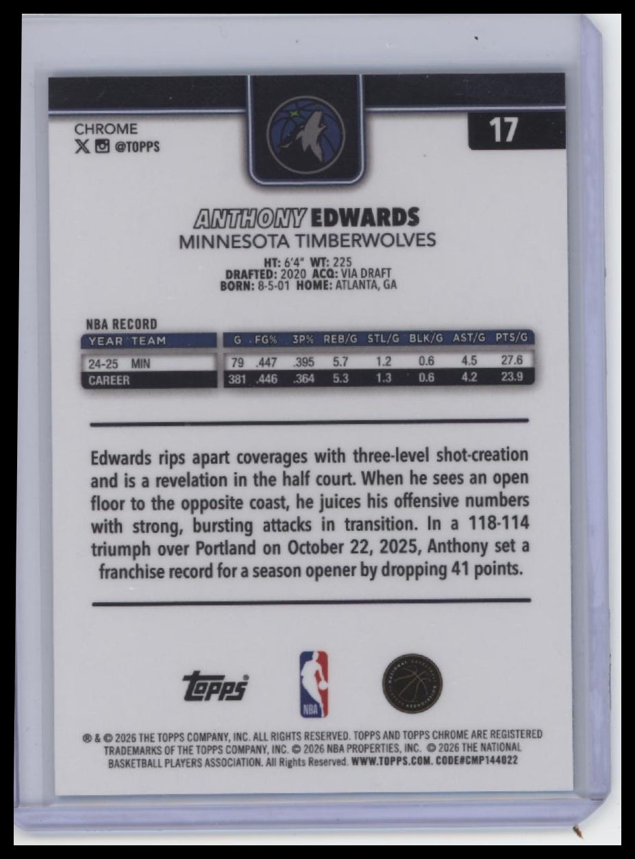 2025-26 Topps Chrome Update #17 Anthony Edwards Aqua Basketball Refractor #/199