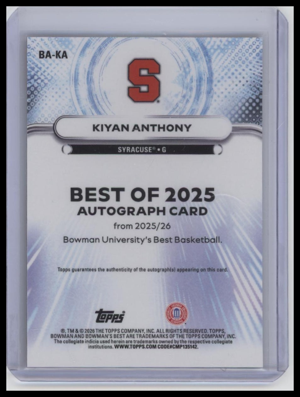 2025-26 Bowman's Best University #BA-KA Kiyan Anthony Best of '25 Autographs
