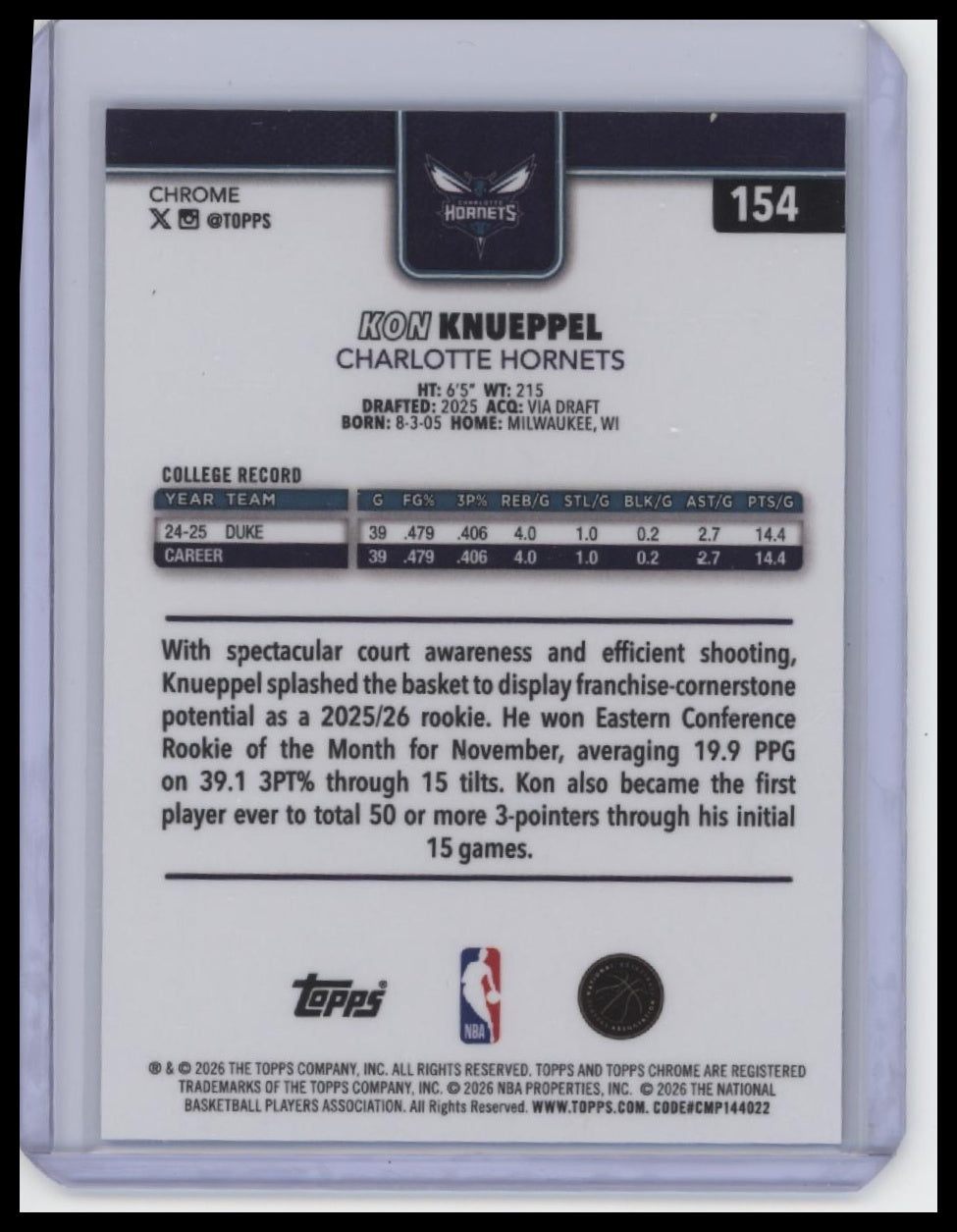 2025-26 Topps Chrome Update #154 Kon Knueppel