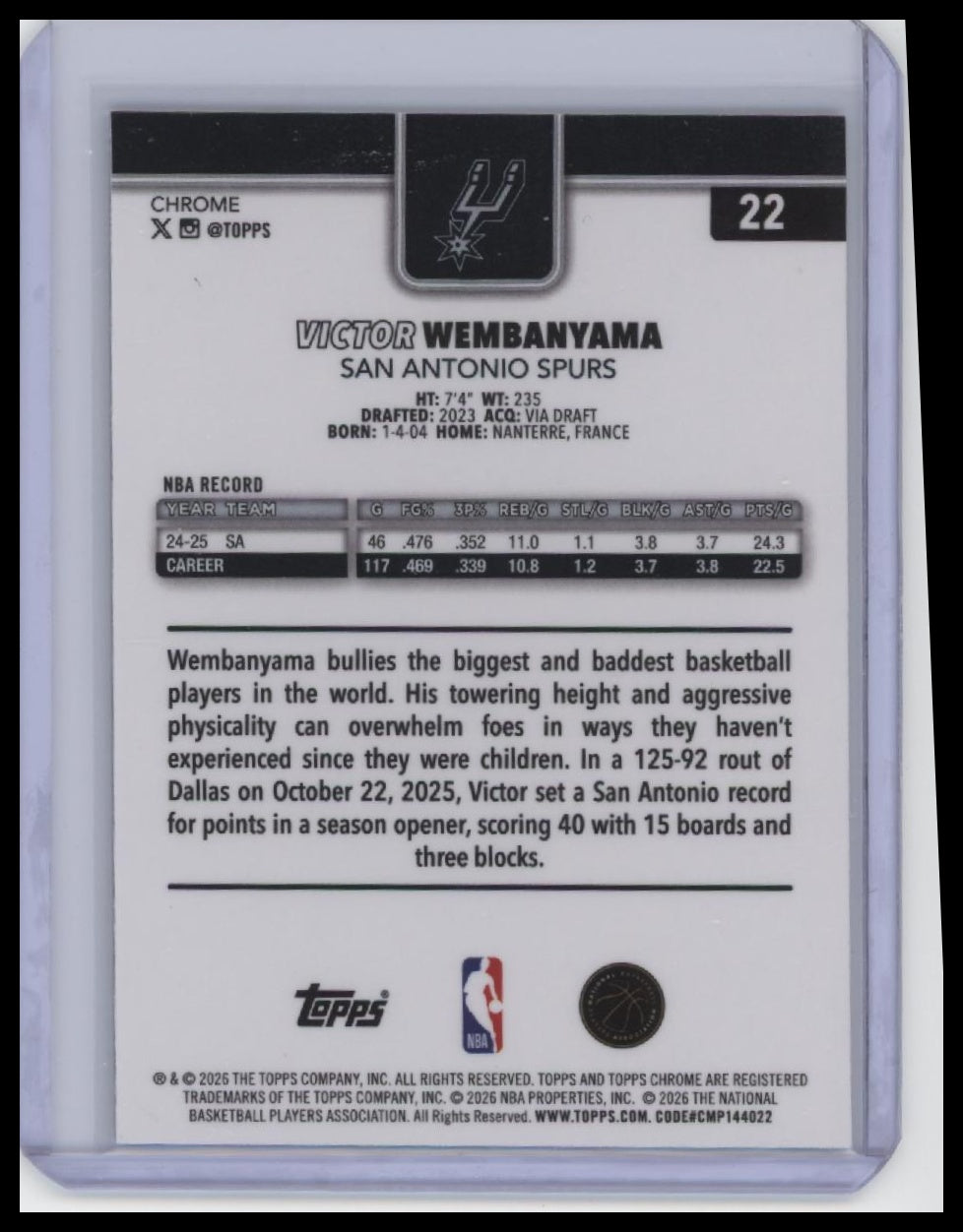 2025-26 Topps Chrome Update #22 Victor Wembanyama