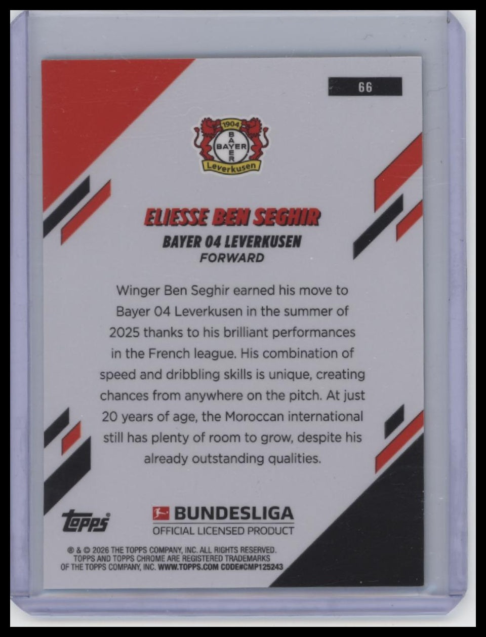 2025-26 Topps Chrome Bundesliga #66 Eliesse Ben Seghir Aqua Wave Refractor #/199
