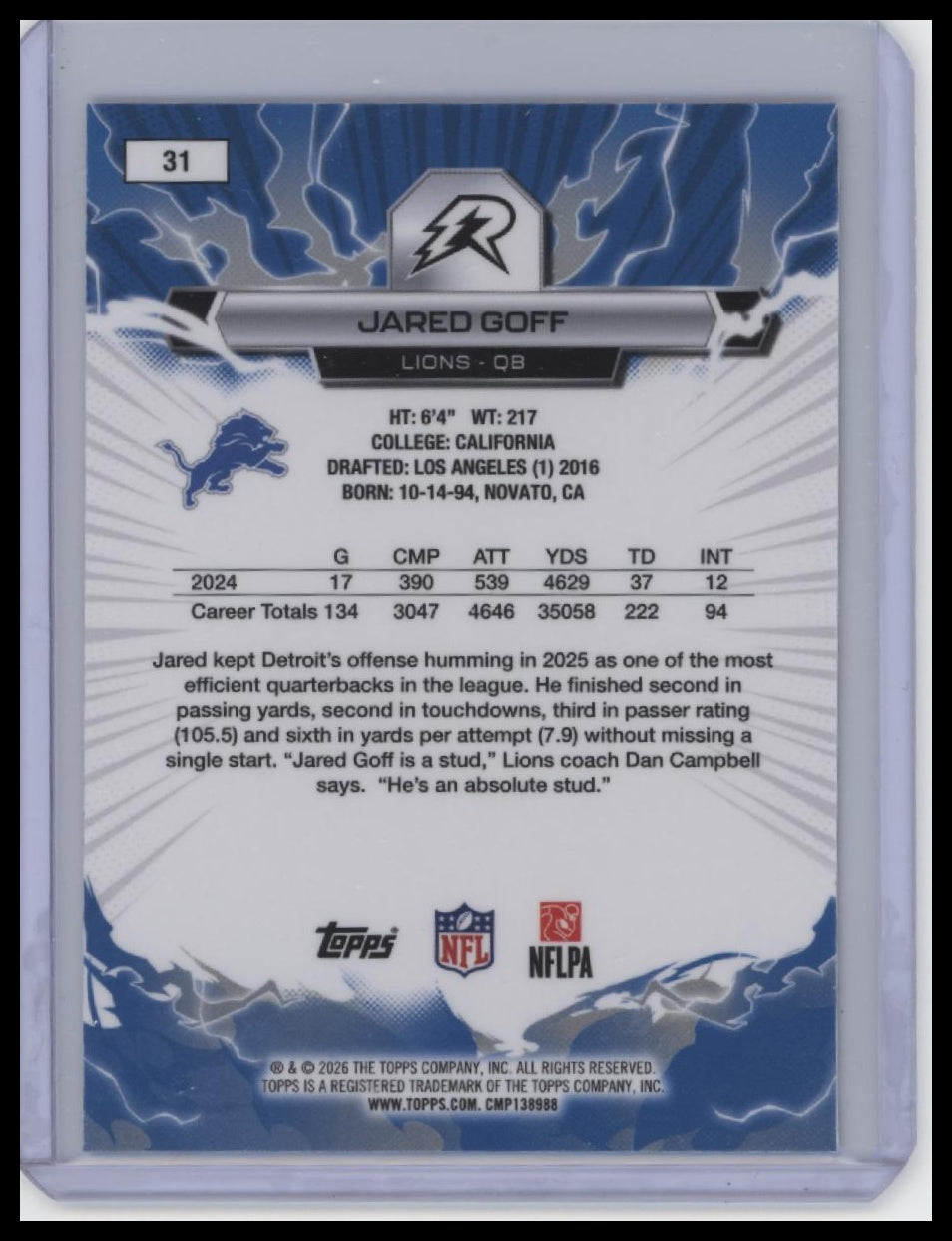 2025 Topps Resurgence #31 Jared Goff Blue & Orange Spark Refractor
