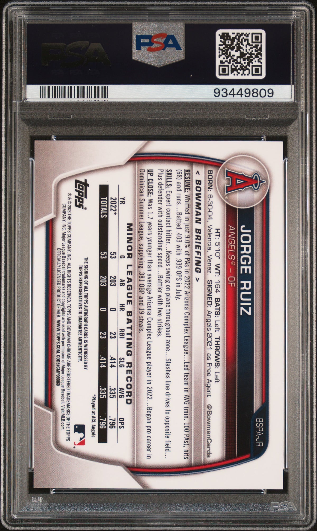 2023 Bowman Sapphire Edition #BSPA-JR Jorge Ruiz Auto /50 (RC, AU).