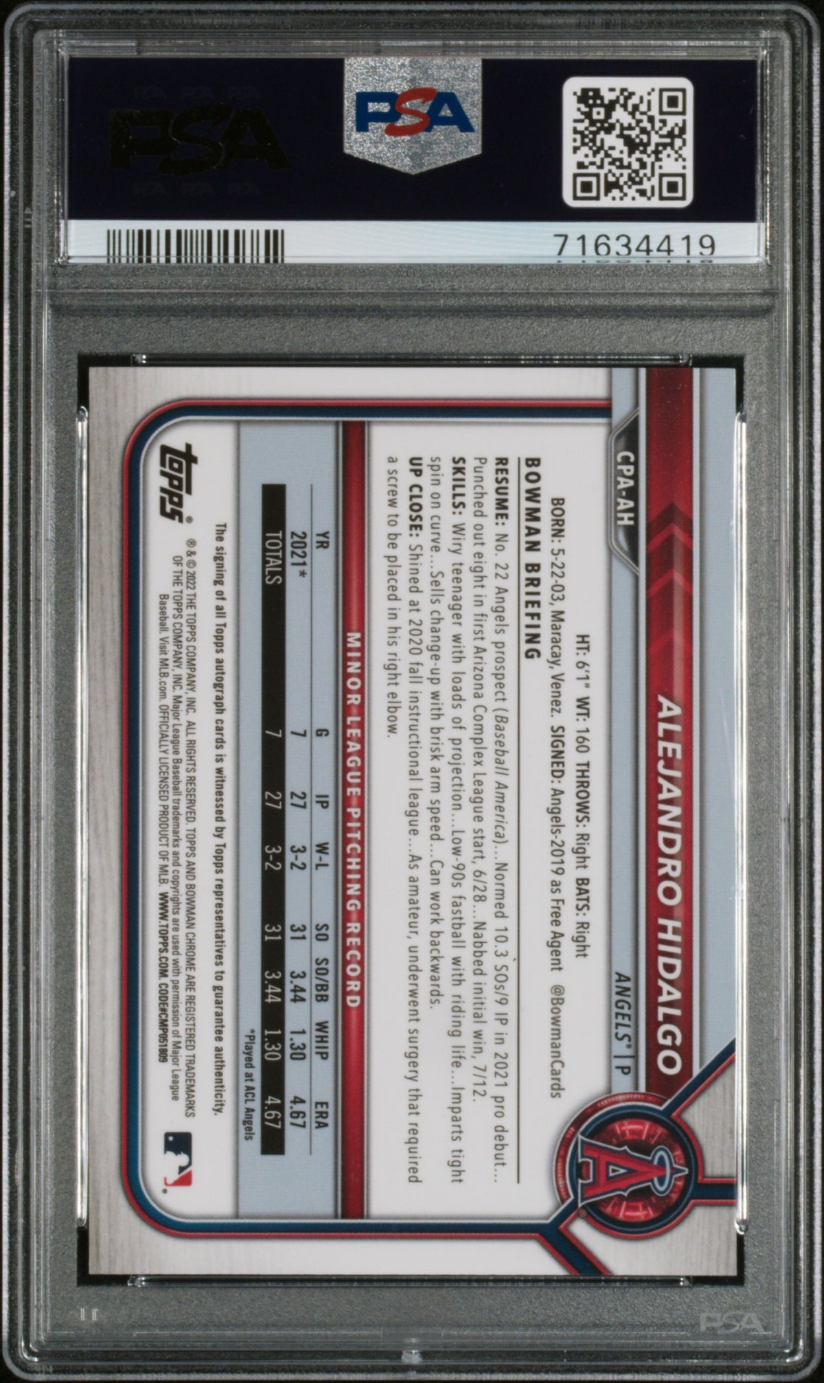 2022 Bowman #CPA-AH Alejandro Hidalgo Chrome Prospects Auto /100