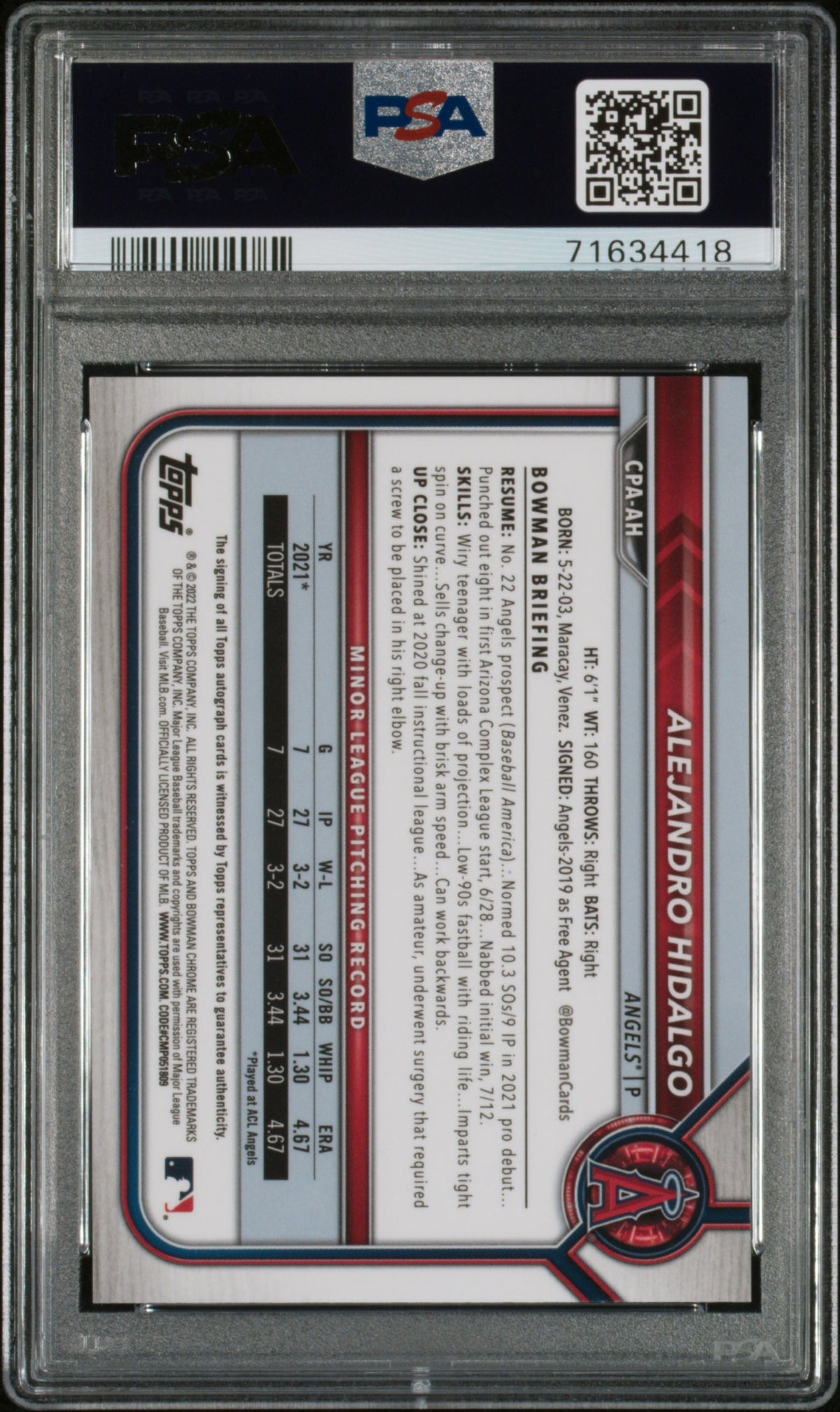 2022 Bowman Crome #CPA-AH Alejandro Hidalgo Autographs Atomic Refractor /100
