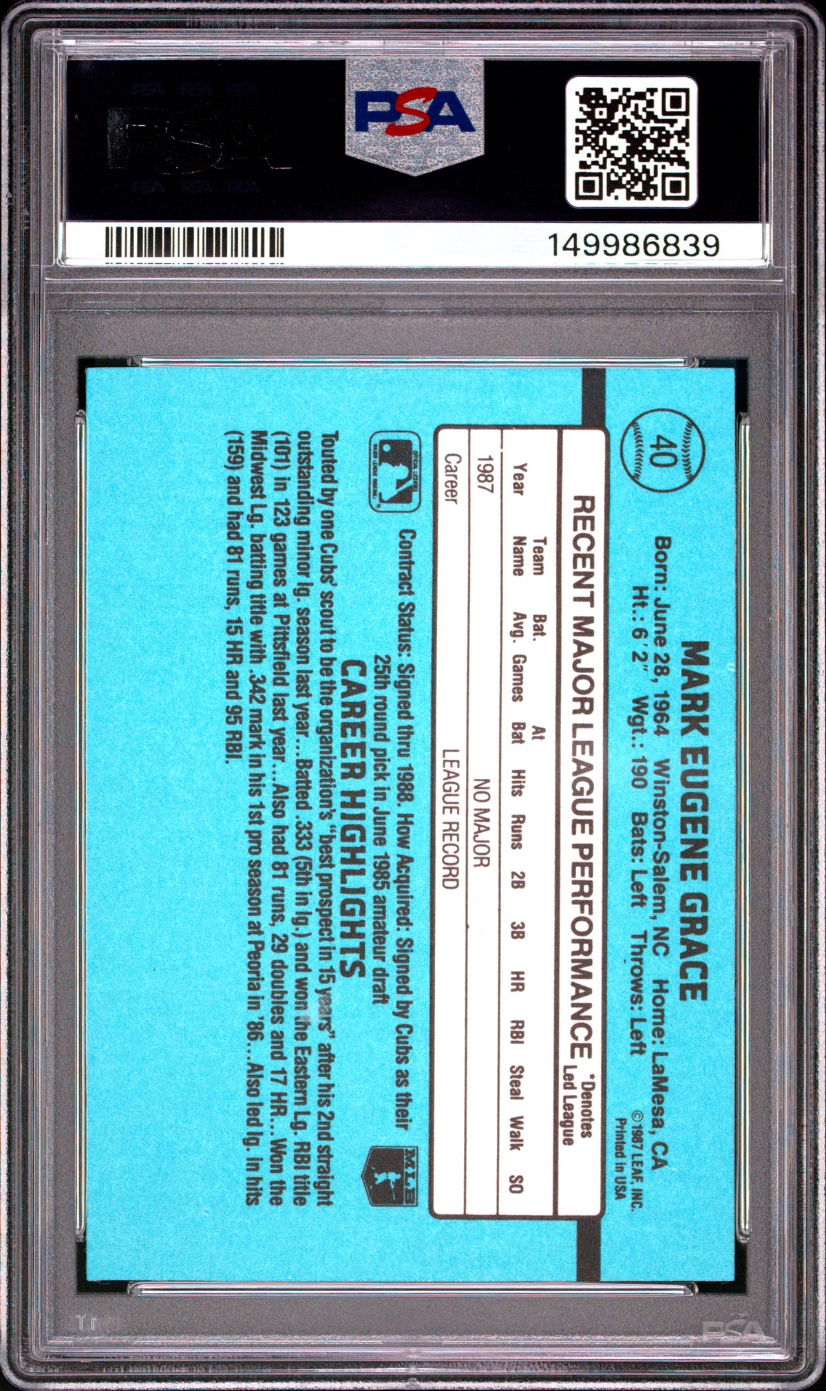 1988 Donruss #40 Mark Grace PSA 10 (RC).