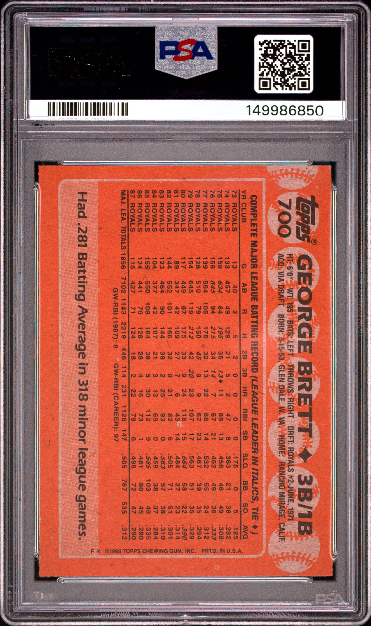 1988 Topps #700 George Brett PSA 9