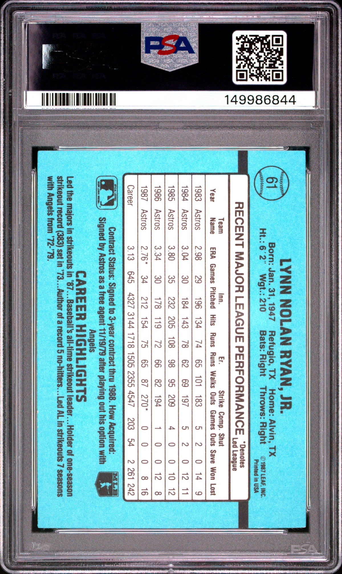1988 Donruss #61 Nolan Ryan PSA 9