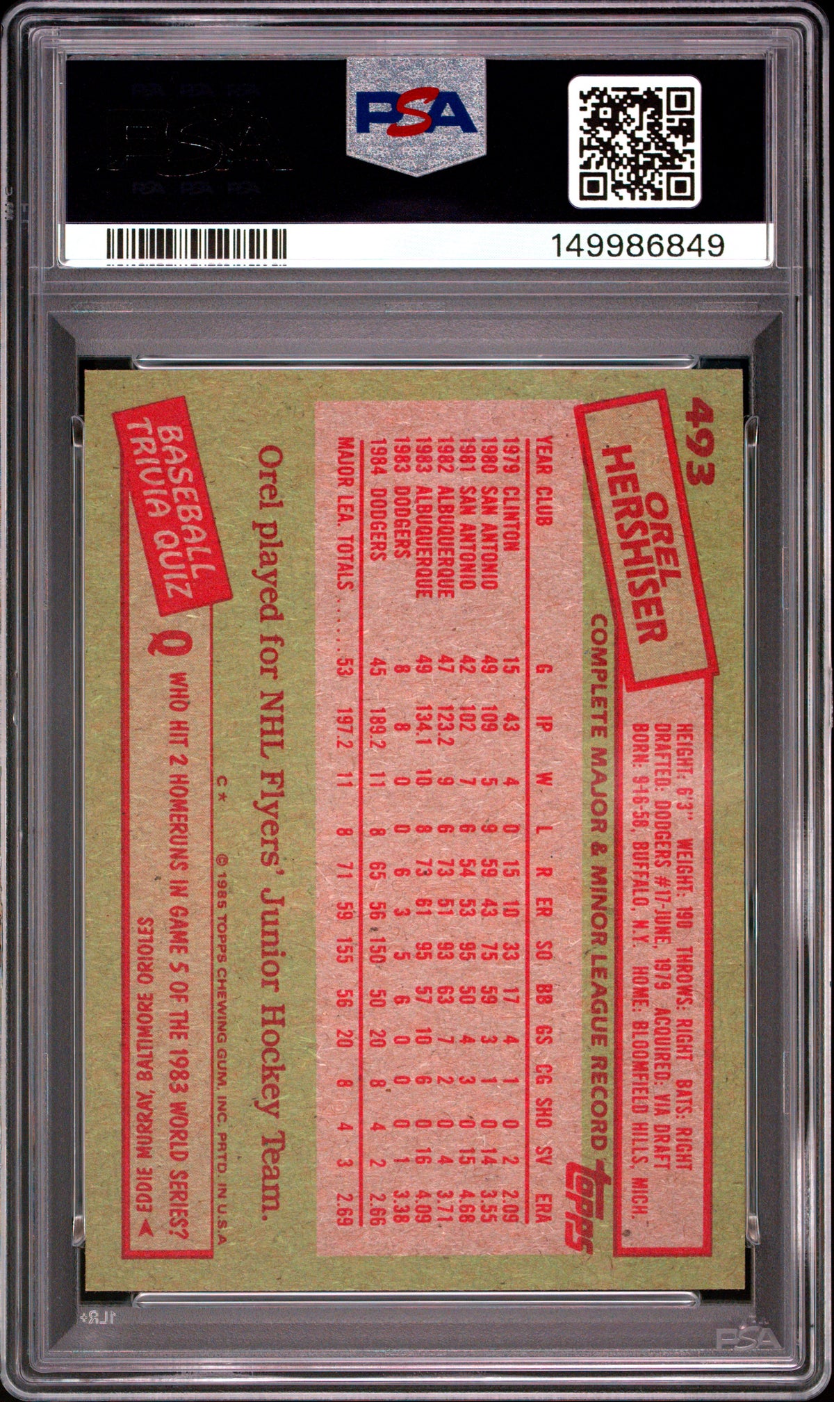 1985 Topps #493 Orel Hershiser PSA 9