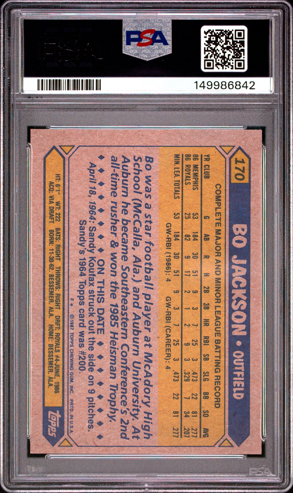 1987 Topps #170 Bo Jackson PSA 8 RC
