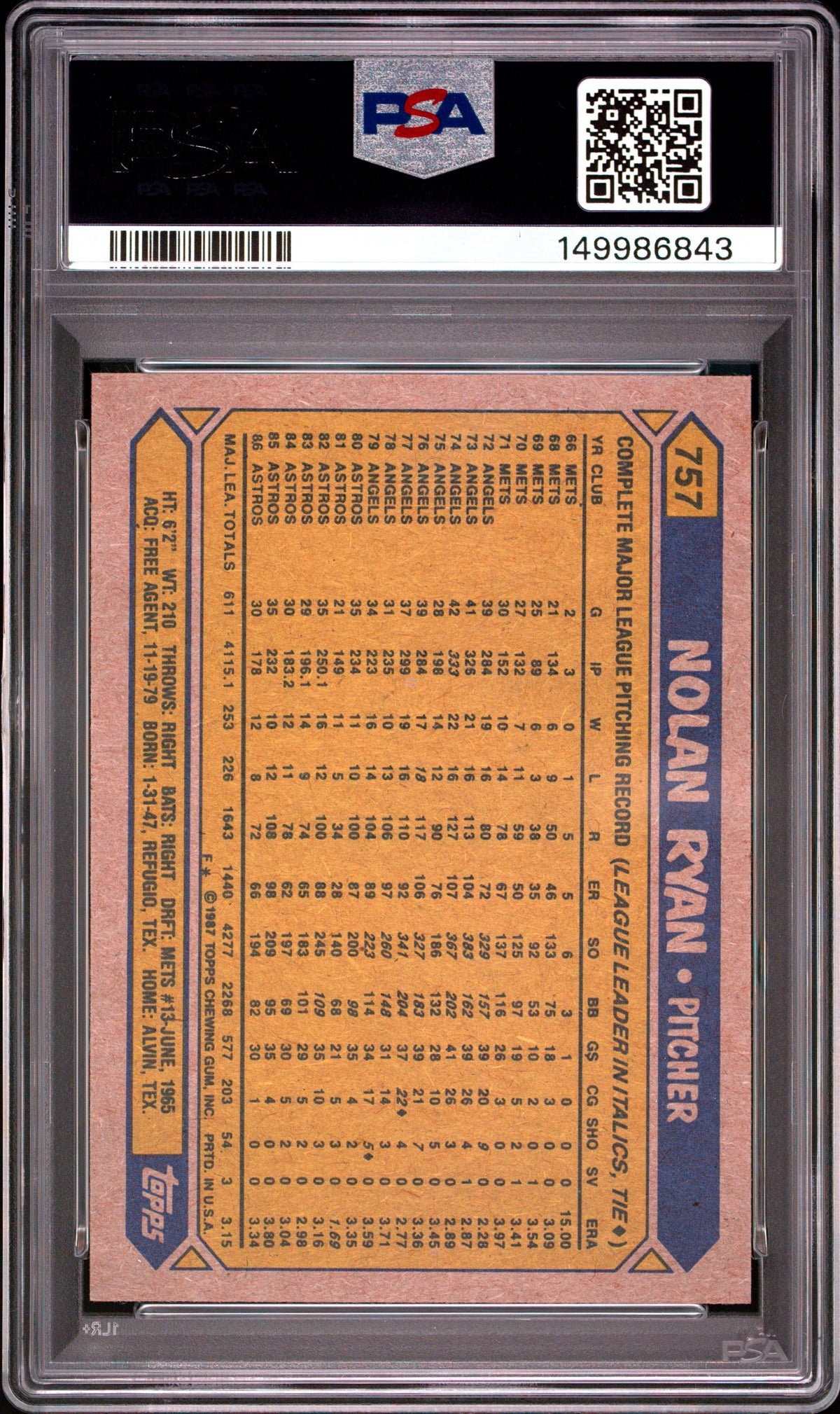 1987 Topps #757 Nolan Ryan PSA 8
