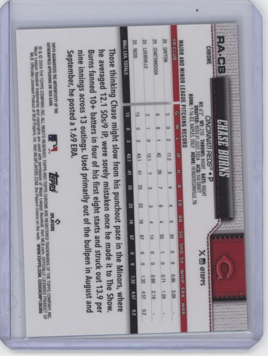 2026 Topps Chrome #RA-CB Chase Burns Rookie Autographs Purple Raywave Ref #/75