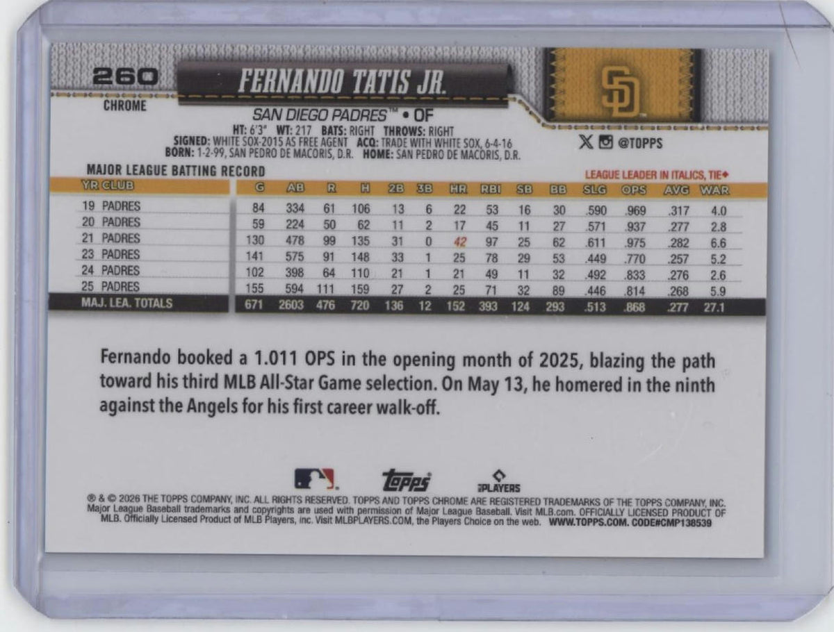 2026 Topps Chrome #260 Fernando Tatis Jr. Purple Refractor #/75
