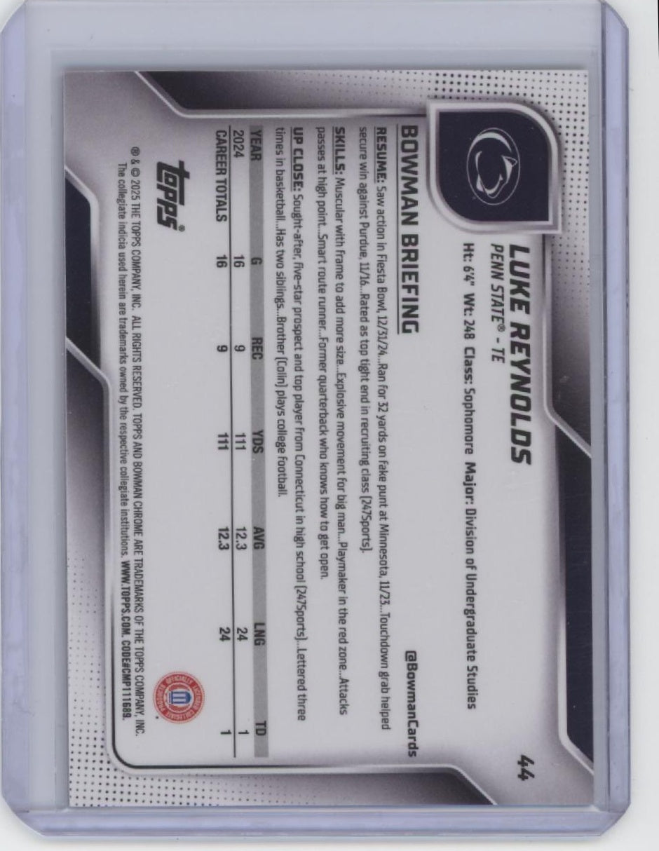 2025 Bowman University Chrome #44 Luke Reynolds Fuchsia Mini-Diamond #/225