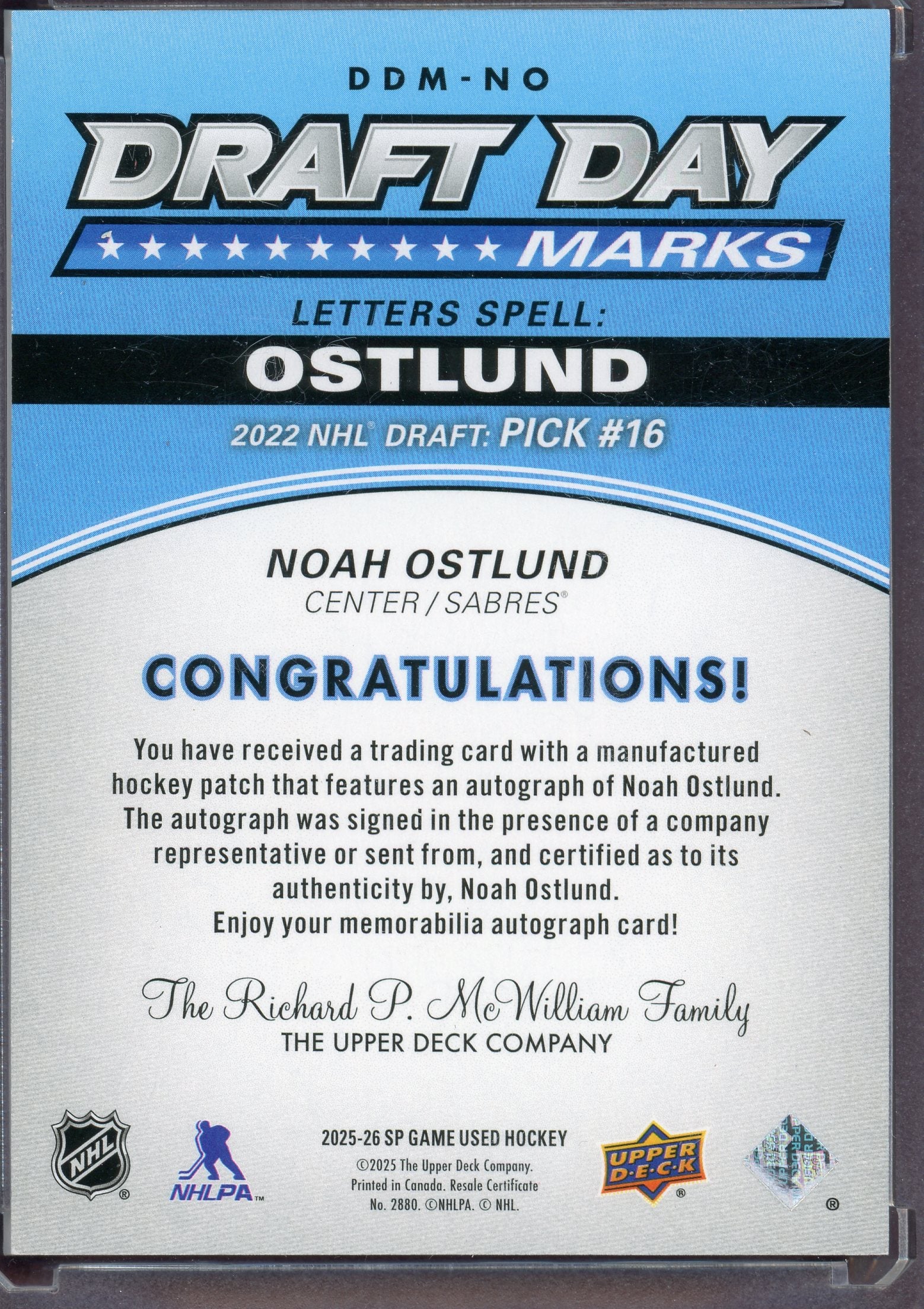 Noah Ostlund #DDM-NO - Hockey Cards SP Game Used Draft Day Marks