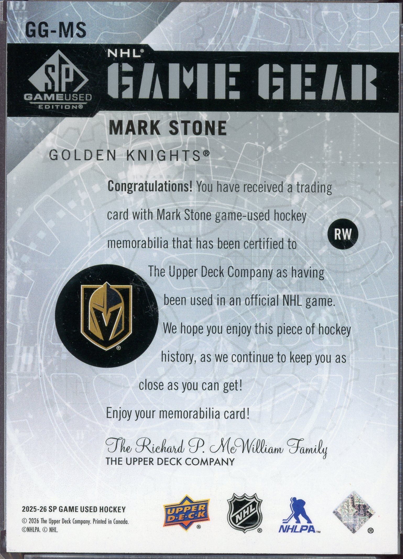 Mark Stone Game Gear #GG-MS