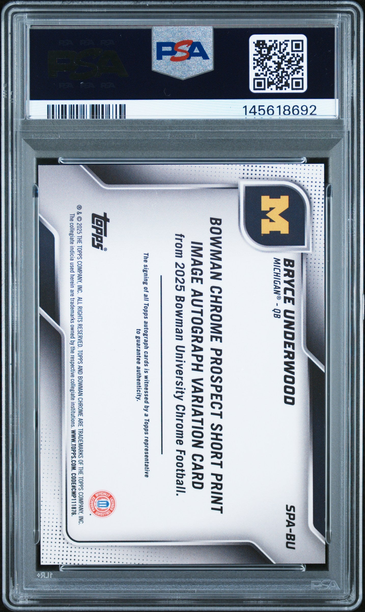 Bryce Underwood #SPA-BU - Football Cards Bowman Chrome University Prospect Autograph Image Variation