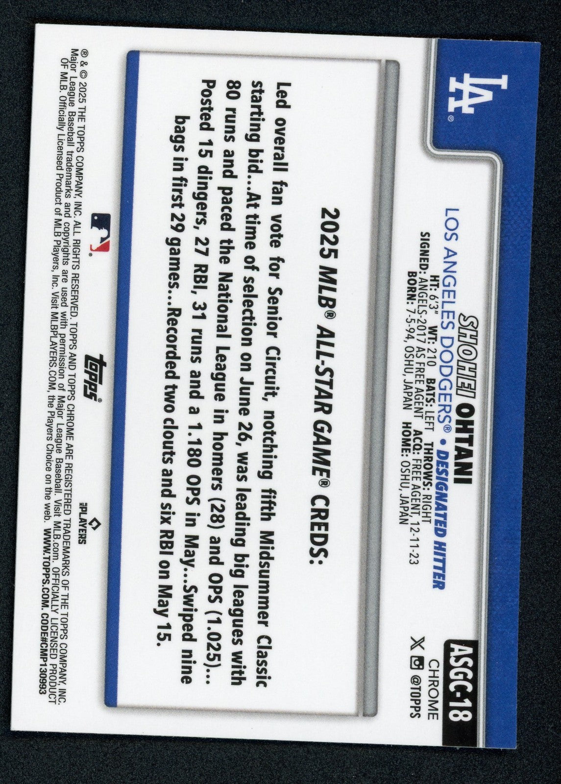 2025 Topps Chrome Update Series - 2025 All-Star Game Shohei Ohtani #ASGC-18