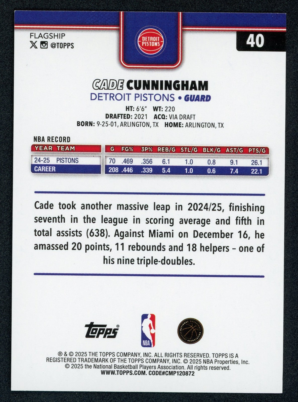 2025-26 Topps - Cade Cunningham #40 Blue Sand glitter
