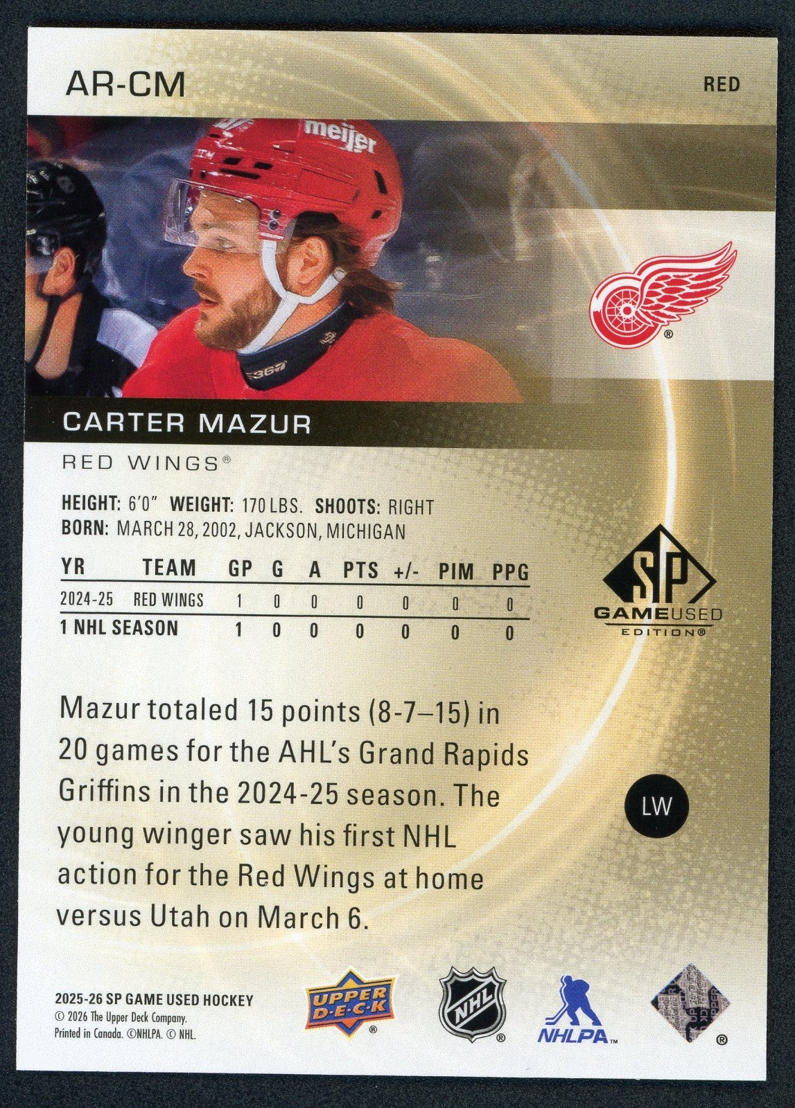 2025-26 Upper Deck SP Game Used Authentic Rookies Carter Mazur /399 AR-CM