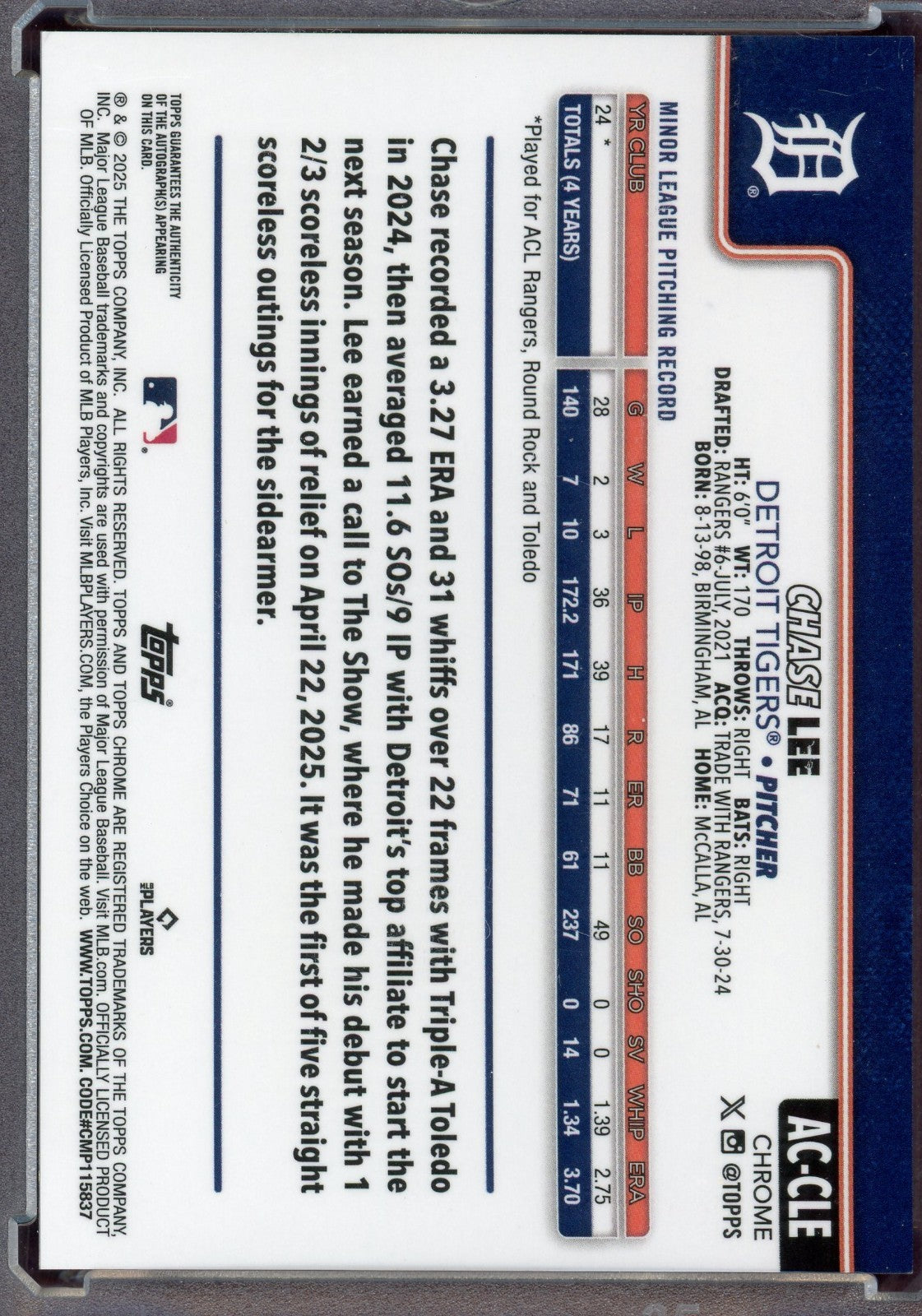 2025 Topps Chrome Update Chase Lee #AC-CLE Rookie Auto Purple Refractor /299 RC