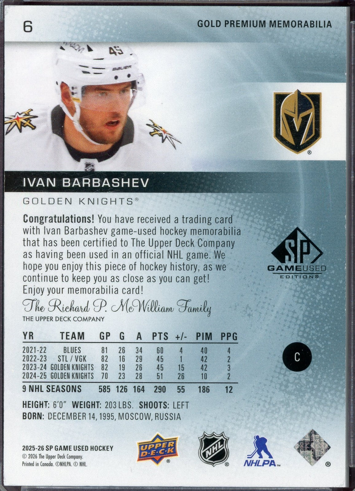 2025/26 SP Game Used Authentic Ivan Barbashev GOLD Premium Tri Color Patch 20/25