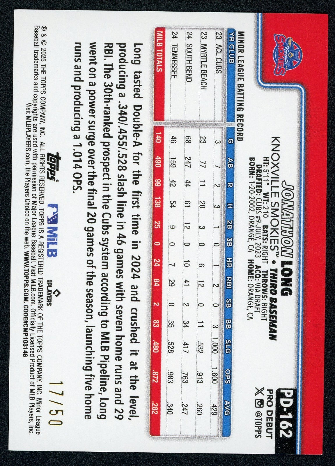2025 Topps Pro Debut Jonathan Long #PD-162 Gold Foil RC /50
