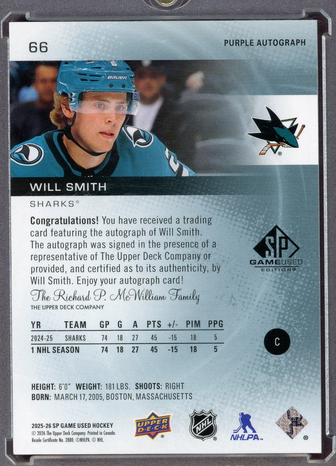 2025-26 Upper Deck Sp Game Used - Will Smith #66 Purple Autograph /5