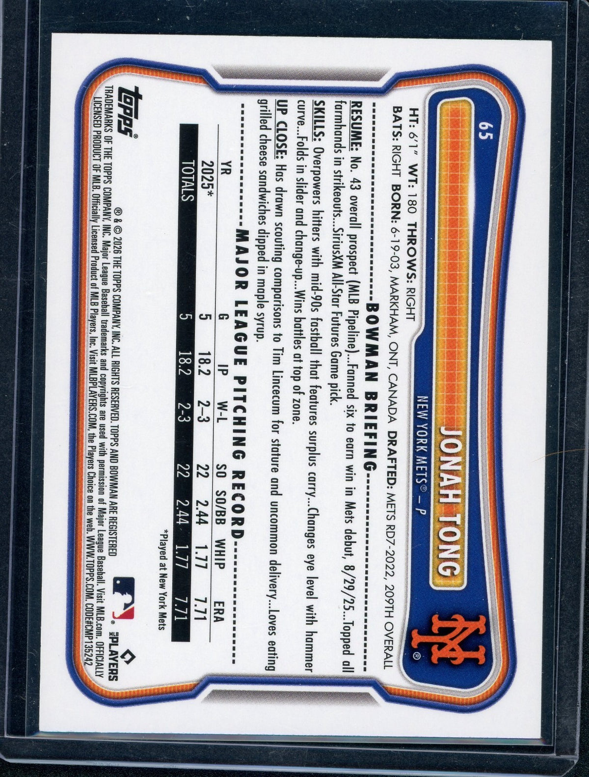 2026 Bowman - Prospects Jonah Tong #BP-105 Purple /250 (RC)