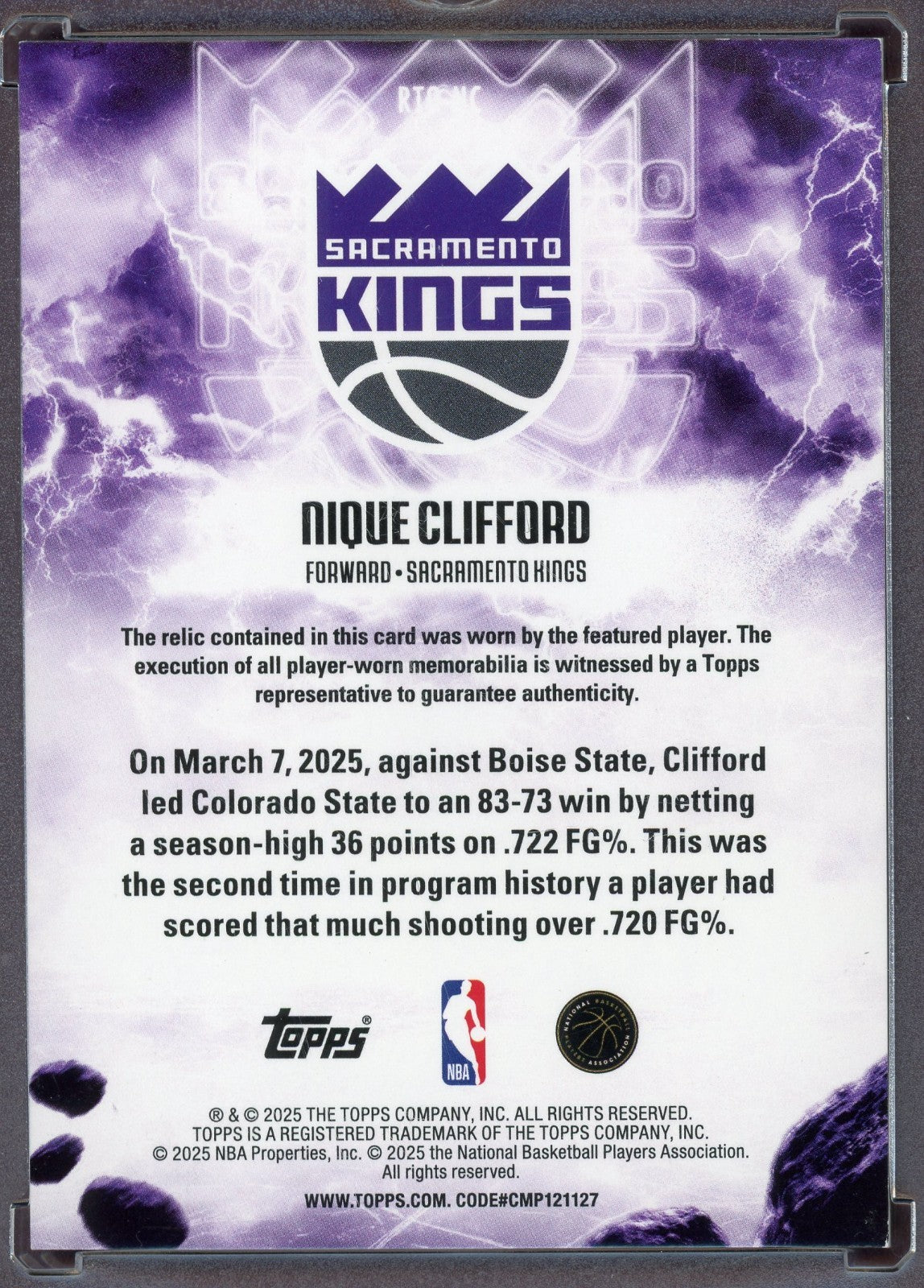 2025-26 Topps Basketball Superfractor Relic Gold #RTO-NQ Nique Clifford 1/1
