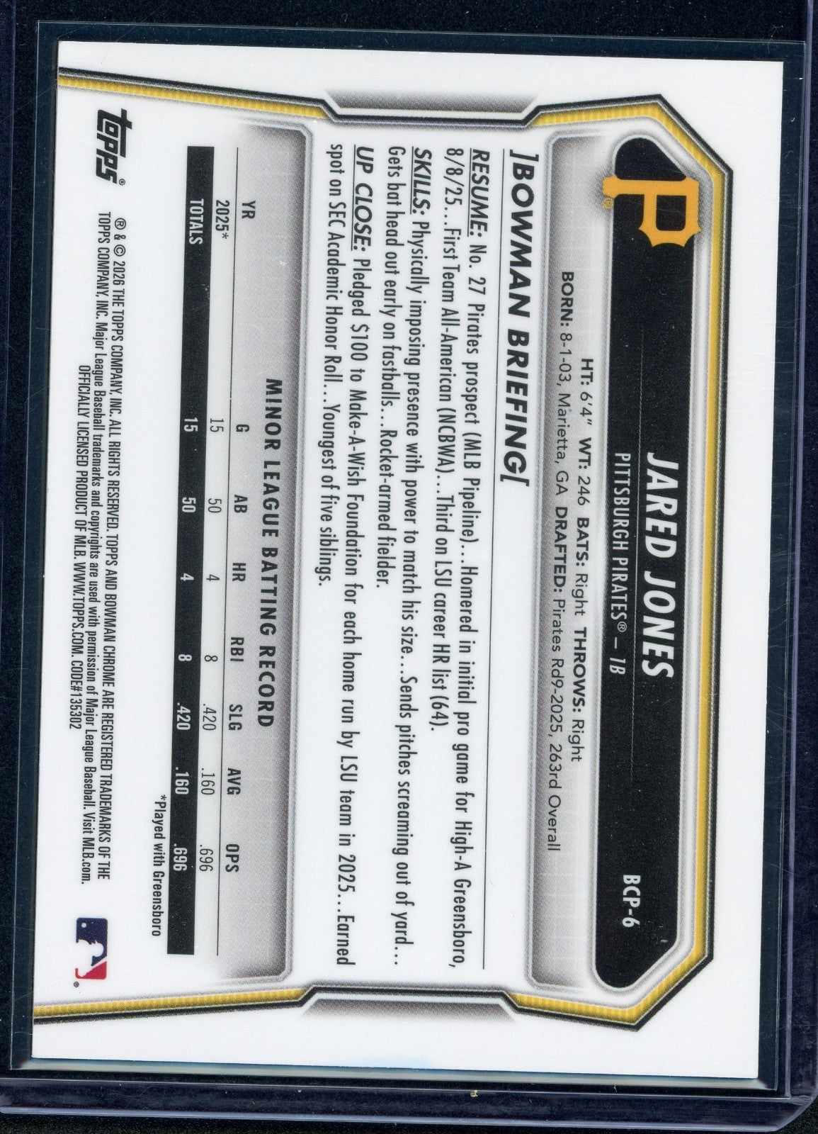 2026 Bowman Chrome Baseball Jared Jones #BCP-6 Reptilian Refractor (RC)