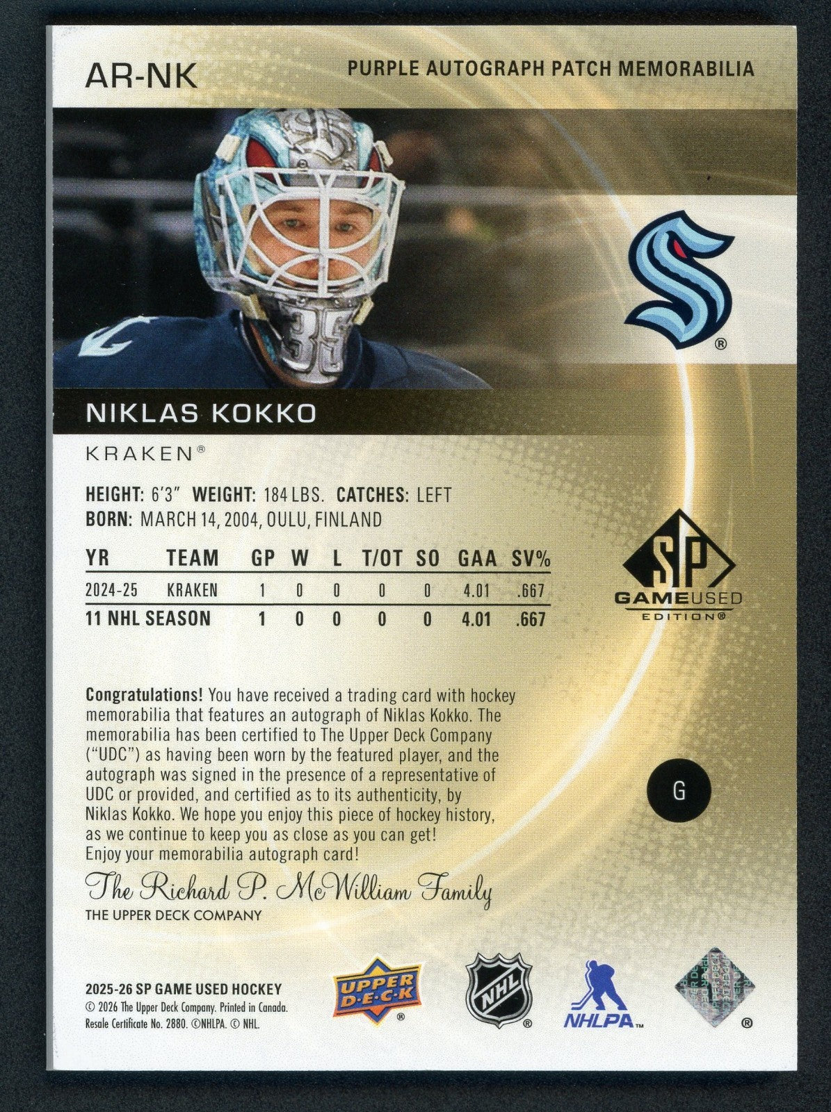 2025-26 Upper Deck Sp Game Used - Authentic Rookies Niklas Kokko #AR-NK Auto /49